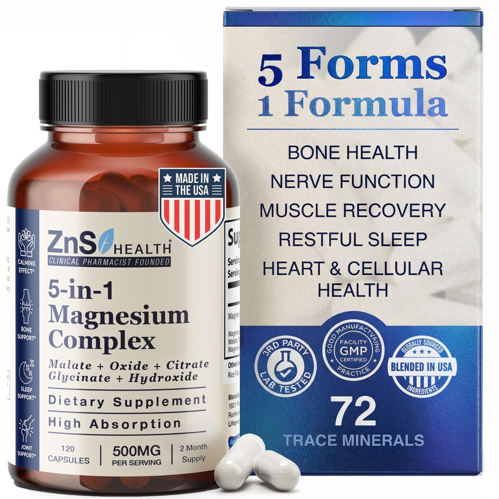 Spectrum 5 Magnesium Complex for Women & Men – 5 Magnesium Complex Supplement with Glycinate, Malate, Citrate & Hydroxide for Sleep, Muscle Recovery, & Calm – 500mg Vegan – 120 Capsules