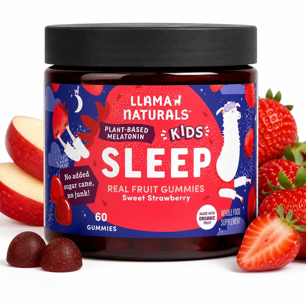 Llama Naturals Organic Kids Phytomelatonin Gummies | Plant-Derived Sleep Support | No Synthetic Melatonin | Vegan, Real Fruit, No Added Sugar | Strawberry 60ct