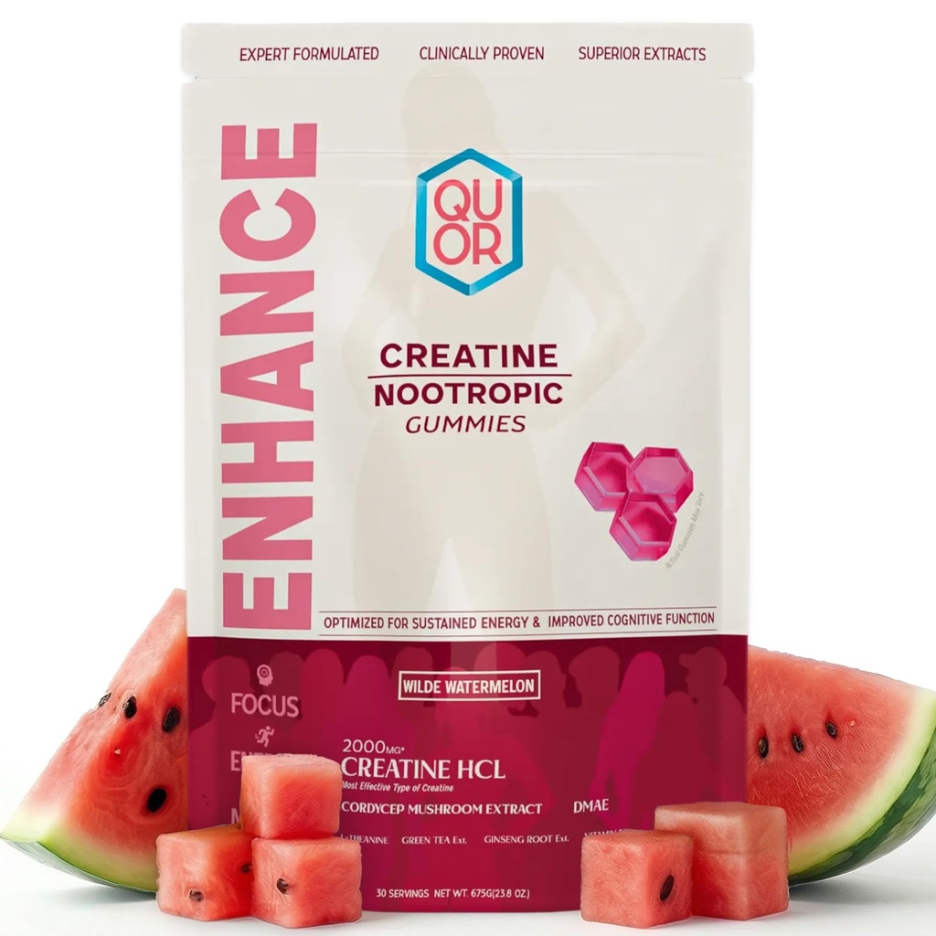 QUOR Enhance Creatine Gummies for Men & Women | Creatine HCl + Nootropic Stack | Cordyceps, L-Theanine, B12 | Vegan | Focus, Energy & Strength (150 Count, Watermelon)