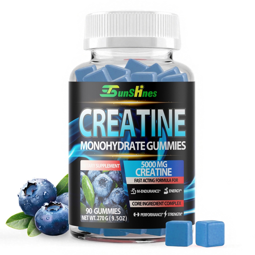 Creatine Monohydrate Gummies 5g (5000mg), Sugar-Free Creatine, Pre-Workout Energy & Muscle, Veg, Non-GMO, for Men & Women - 90 Count Blueberry Flavor