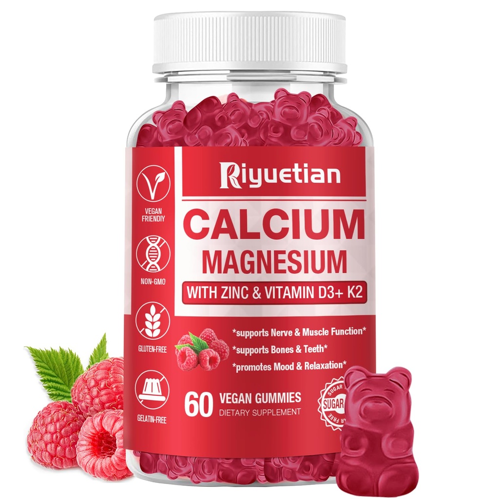 Calcium Gummies + Magnesium & Zinc with Vitamin D3 & K2, High Absorption Calcium Supplement for Bone, Teeth & Immune Support, Non GMO, Vegan, 60 Count
