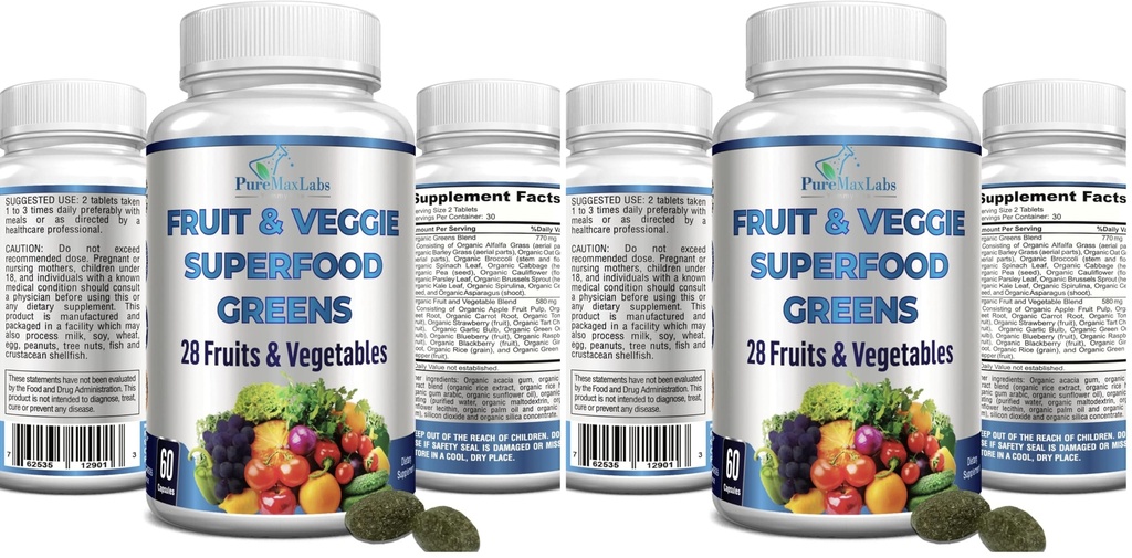 Fruit and Veggie Superfood Greens - 28 Fruits and Vegetables incl. Alfalfa, Barley Grass, Spirulina, Beet Root, Tart Cherry, Concentrated Natural Antioxidants- 60 Tablets (Pack of 2)