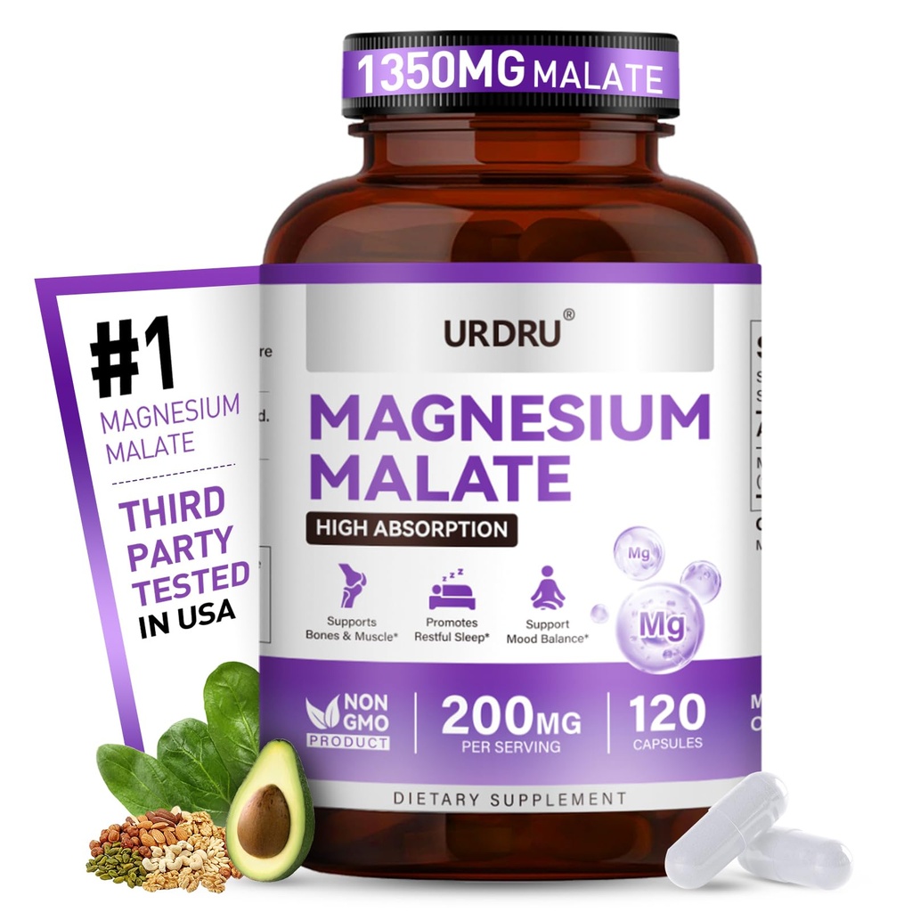 1350mg Magnesium Malate – Magnesium Supplements with High Absorption, 200mg Elemental mag for Men & Women Support Muscle, Joint & Heart Health, Non-Buffered, Vegan, Non-GMO, Gluten-Free 120 Capsules