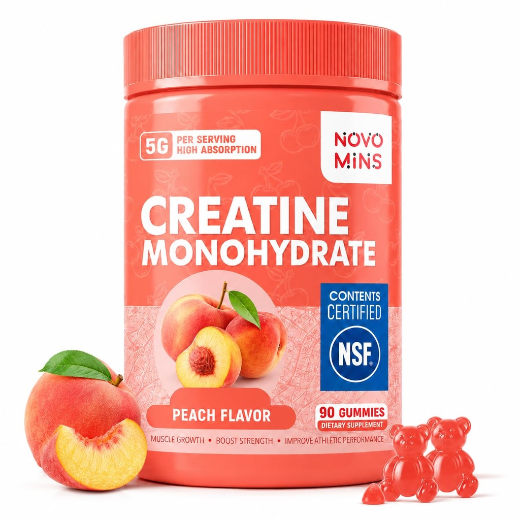 novomins Creatine Monohydrate Gummies for Men & Women, Chewables Creatine Monohydrate for Muscle Strength, Muscle Builder, Energy Boost, Pre-Workout Supplement-90 Peach
