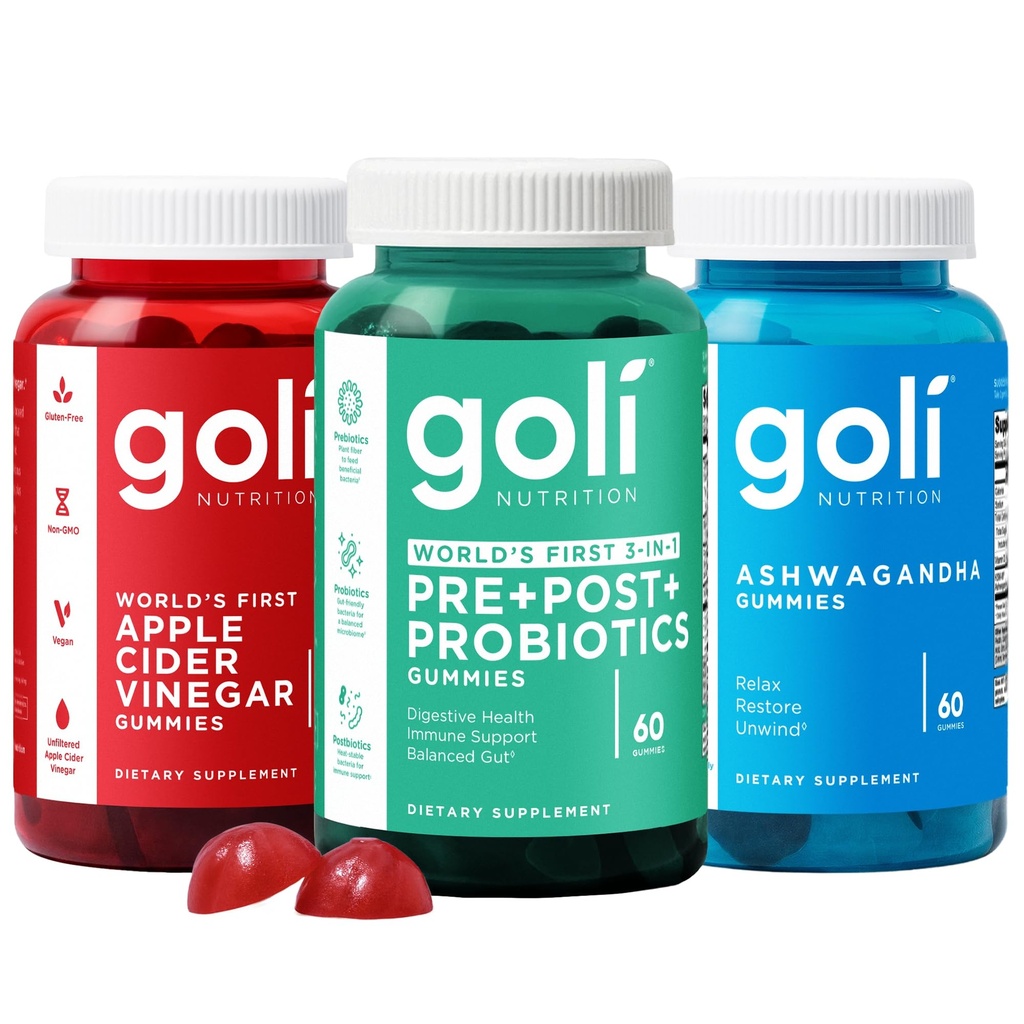Power Wellness Trio for Stress, Gut & Immune - World's First 3-in-1 Pre, Post, Probiotic, Apple Cider Vinegar & Vitamin B12, Ashwagandha & Vitamin D Gummies. Gluten-Free, Vegan, Non-GMO & Gelatin-Free