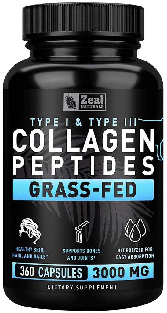 Zeal Naturals Collageen Peptides Collageen Pillen (360 Capsules) Grass Fed Collageen Pepedide Powder - Gehydrolyseerde Collageen Powder for JointTendon SupplementHair Skin and Nails -