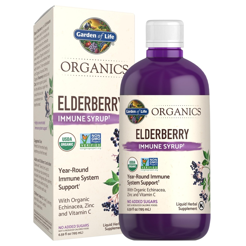Tuin van het leven Organische planten Plant op basis van vlierbessen Immune Siroop 6,59 floz (195 ml) voor kinderen & volwassenen - Sambucus, echinacea, zink & vitamine C, 0g suiker, biologische veganistische glutenvrije kruidensupplement