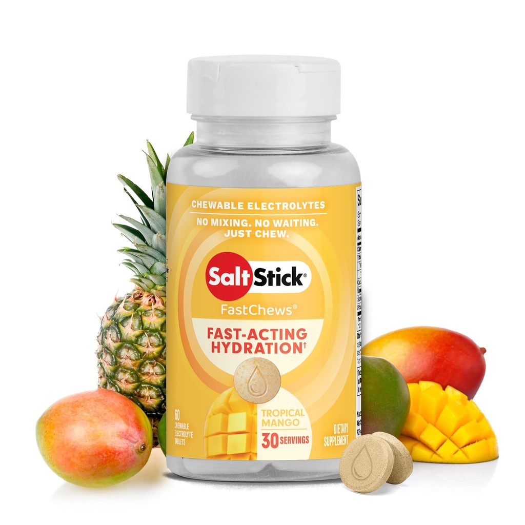 SaltStick Electrolyte FastChews - 60 Tropical Mango Kauwbare Elektrolyten - Zout tabletten voor hardlopen en hydratatie, Electrolyte Kauwen - 60 Tellen