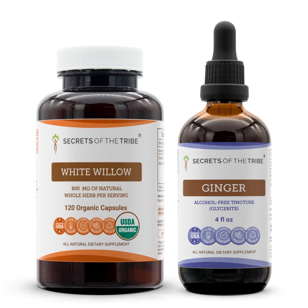 Secrets of the Tribe White Willow Capsules and Ginger Extract (120 Cap and 4 oz) | Salix Alba Dried Bark and Zingiber officinale Dried Root