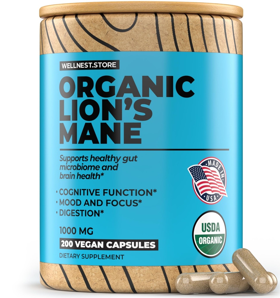 Wellnest.Store Lions Mane Mushroom Organic Supplement (Hericium Extract) 200 Veggie Caps - Immune Support Supplement; Improve Cognitive Function + Promote Vitality, Protect Nerve Cells