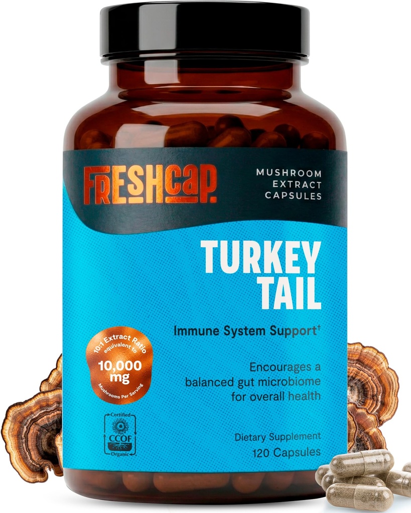 FreshCap Mushrooms Premium Organic Turkey Tail Supplement Capsules - 10:1 Fruiting Body Extract with 35% Beta-Glucans - 3rd-Party Tested - Supports Daily Immunity and Gut Resilience (120 Capsules)