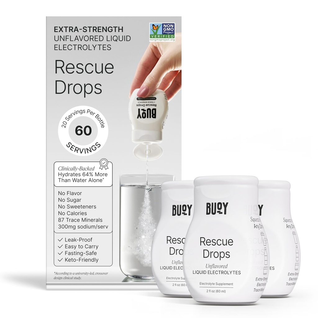 Buoy Rescue Electrolyte Drops - High-Sodium, 6X Stronger Liquid Electrolyte with 87 Trace Minerals for Intense Depletion and Rapid Recovery - Unflavored - Sugar Free - No Sweeteners - 60 Servings