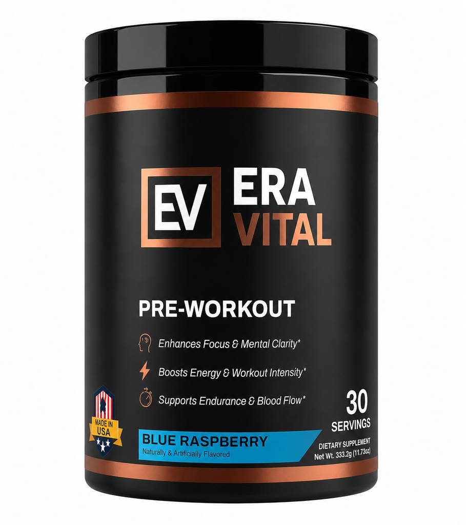 ERA Vital Pre Workout Powder Boosts Energy & Workout Intensity Enhances Focus & Mental Clarity, Sports Nutrition Powder with L-Citrulline, Alpha GPC & L-Tyrosine (Blue Raspberry 30 Servings)