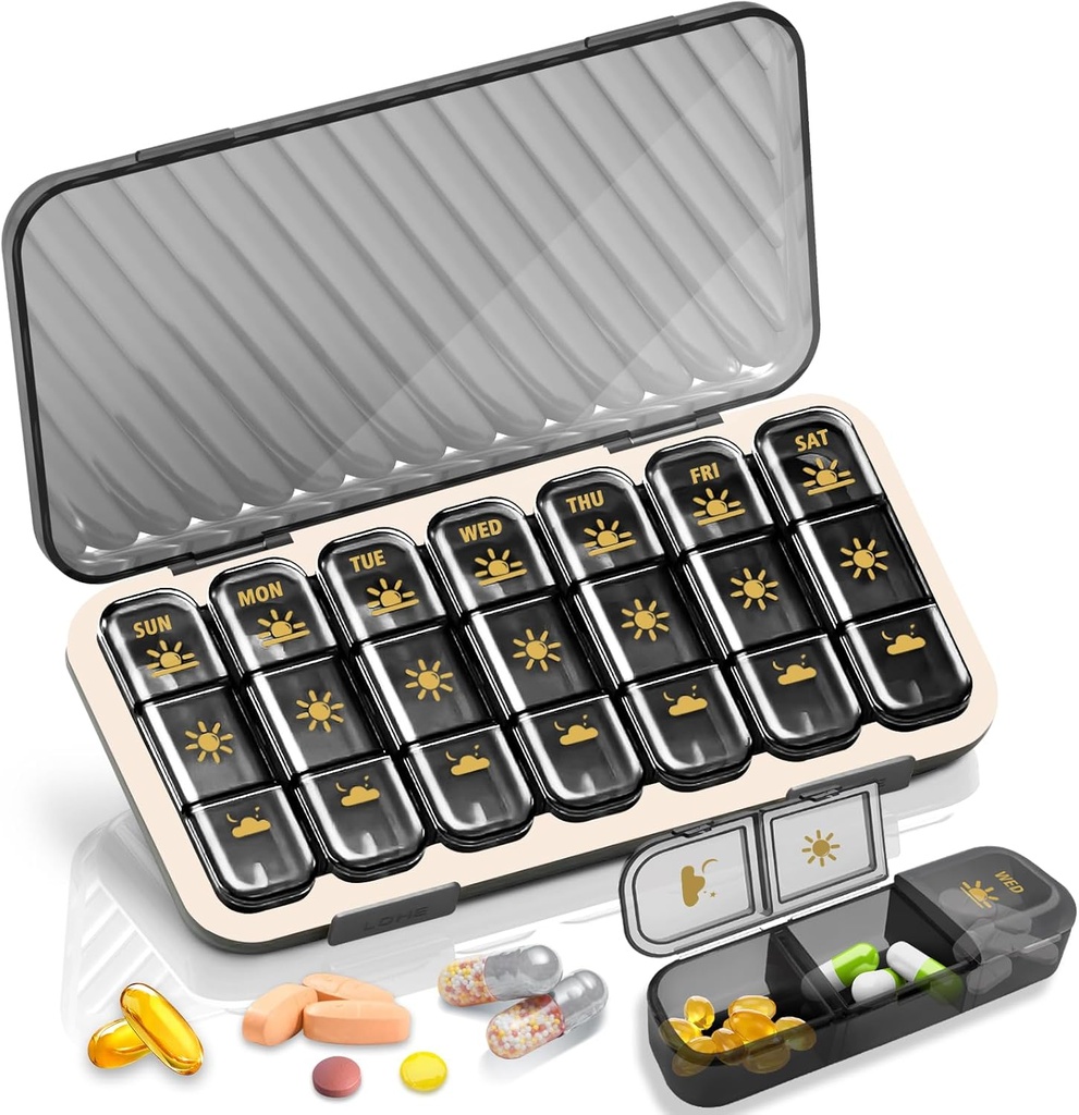 Weekly pil Organizer 3 keer per dag, GloDeals Large Travel pil Box 7 Dag, Am Pm Drie dagelijkse pil geval met verwijderbare geneeskunde container, pil houder voor vitamine, supplement, visolie, zwart