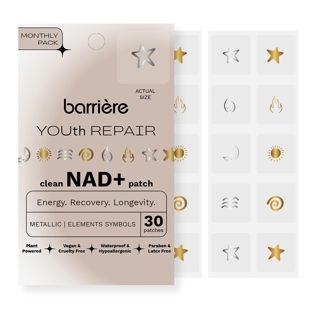 barrière Youth Repair NAD+ Patches for Women & Men - 30 Count | Featuring NR Nicotinamide Riboside | Energy & Vitality Support, Cellular Wellness & Healthy Aging Routine, Vegan Latex-Free