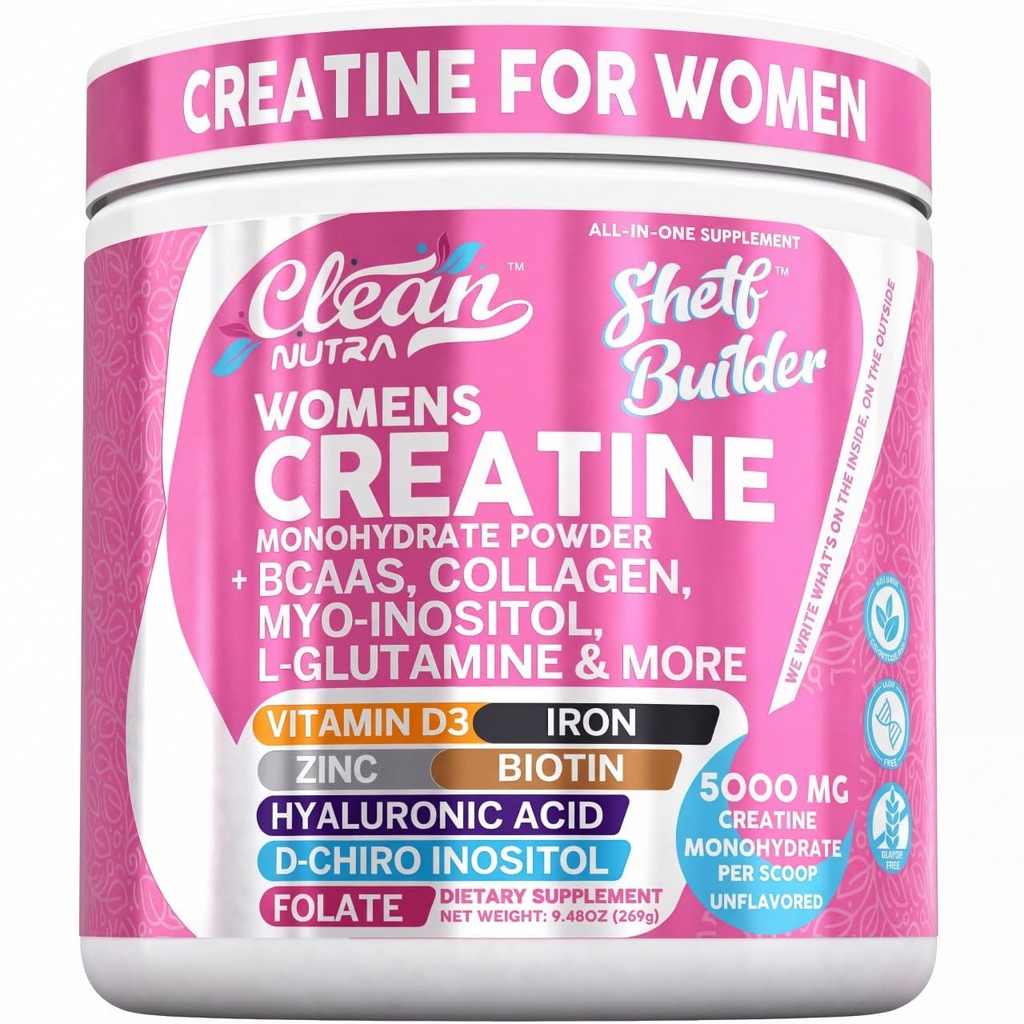 Clean Nutra Womens Creatine Monohydrate Powder Unflavored 5000mg + Collagen, BCAAs, Myo-Inositol, Maca Root, L-Glutamine, Hyaluronic Acid, Folate, Biotin, Zinc & Iron, Vegan, Made in USA, 30 Servings.
