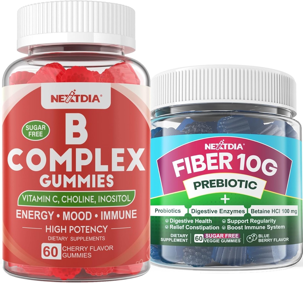 2 Pack Methylated Vitamine B Complex + 1 Pack Sugar Free 10g Prebiotic Fiber Supplement, Gummies voor volwassenen