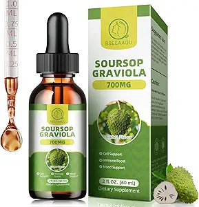 Soursop Graviola Liquid Drops, Soursop Leaves Extract for Immune, Antioxidant, Mood & Night Support, Soursop Bitters Liquid, High Absorptie, Vegan, Gluten-Free, 2 Fl Oz