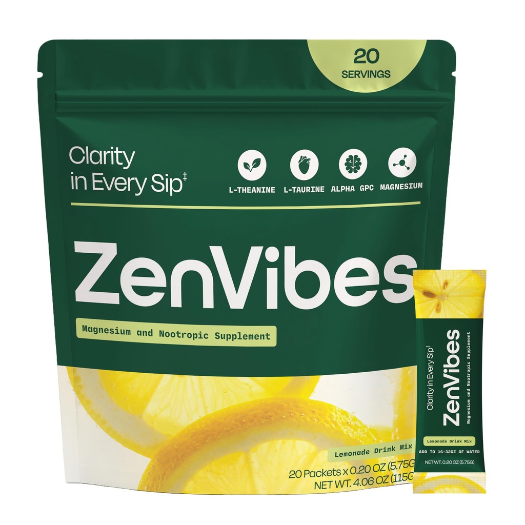 ZenVibes Calm & Cortisol Support Supplement – Magnesium, L-Theanine, Alpha GPC, L-Taurine & Vitamin D3 – Nootropic Drink Mix for Stress, Focus & Relaxation – Sugar-Free, Non-GMO Stick