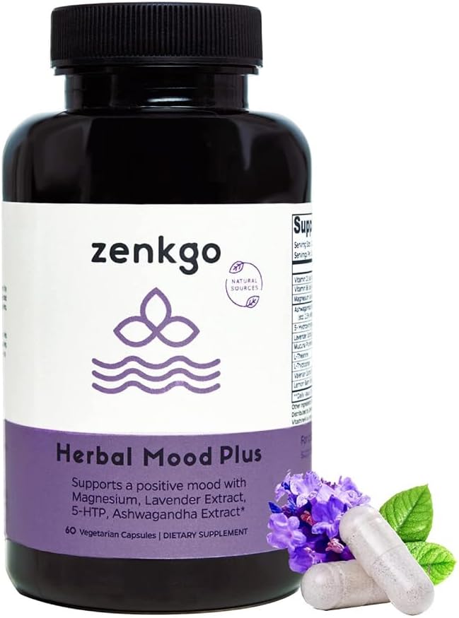 Zenkgo Ashwagandha, 5-HTP, Lavendel, Mucuna, L-tryptofaan - Mood Support Supplement, Plant-Based, Herbal Mood Plus helpt met Calm Mind & Stress Relief, Emotion Blalance, Positiviteit (60Ct/30Day)