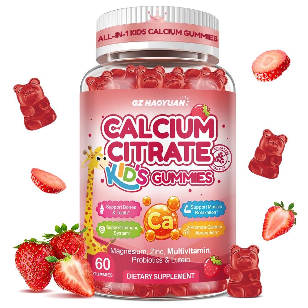 Kids Calcium Citrate Gummies - 1200mg Calcium Gummies Supplements for Women & Men with Vitamin D3, K2, Magnesium, Zinc High Absorption for Bone, Muscle & Immune Support, Strawberry Flavor, 60 Count