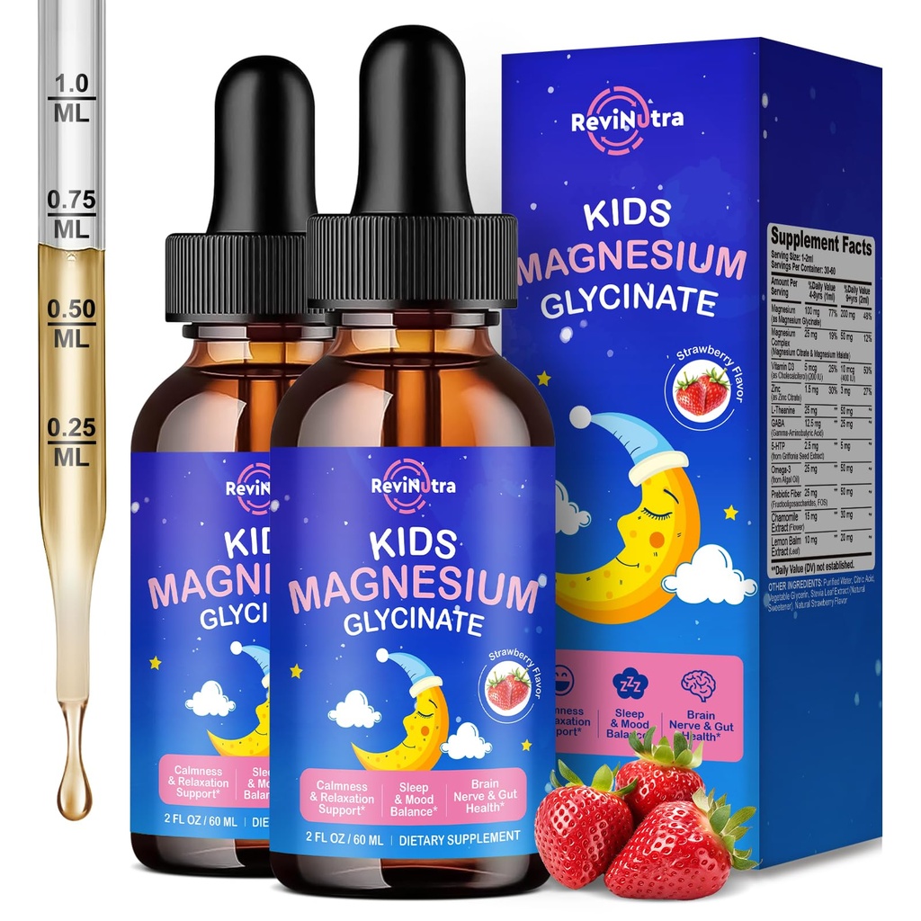 2 Pack Magnesium Glycinate Liquid for Kids - Citrate, Malate with Omega-3, L-Theanine, GABA, Chamomile, 5-HTP, D3, Zinc, Kids Magnesium Drops for Sleep, Calm, Relaxation, Strawberry Flavor, 4 Fl Oz