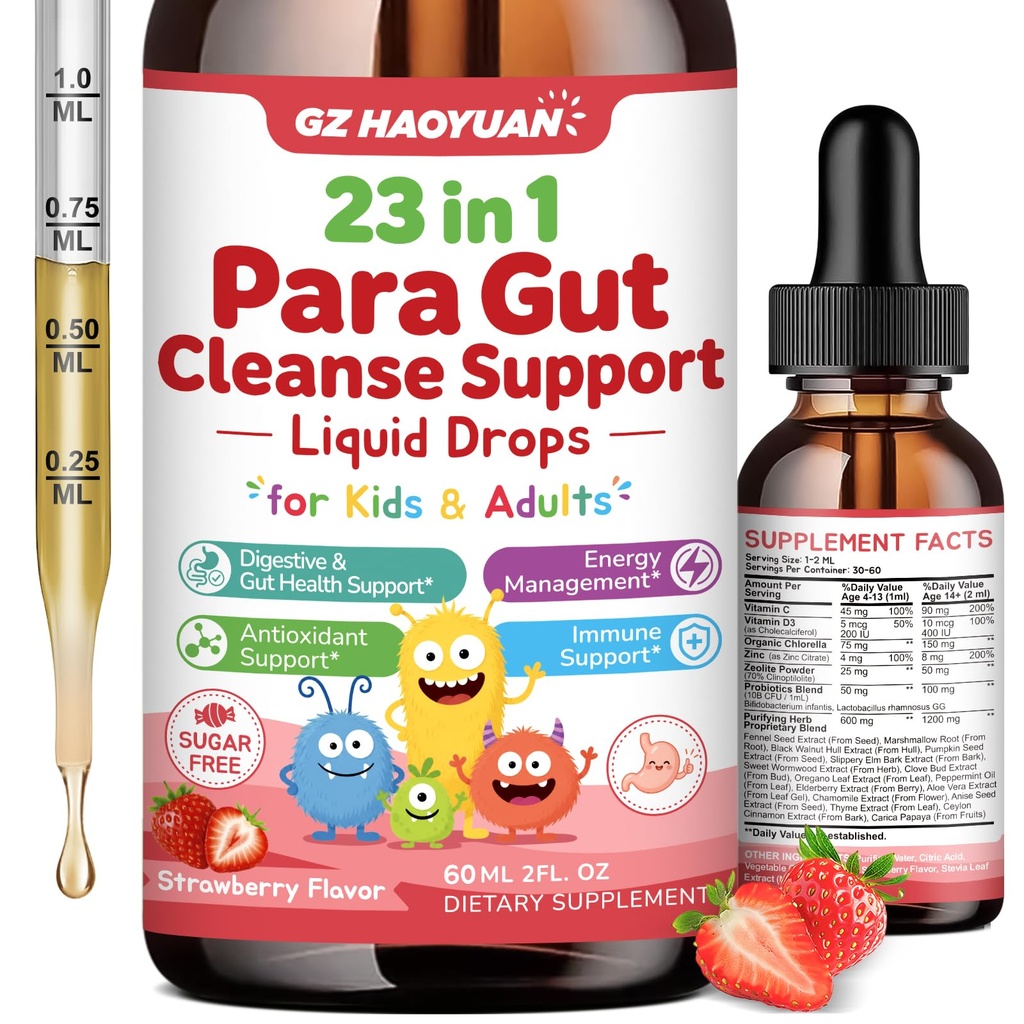 23-in-1 Parasite Cleanse for Humans & Kids, Liquid Drops with Black Walnut, Wormwood, Zeolite, Chlorella & 10B Probiotics, Supports Digestive Health Detox, Strawberry Flavor, 2 Fl Oz