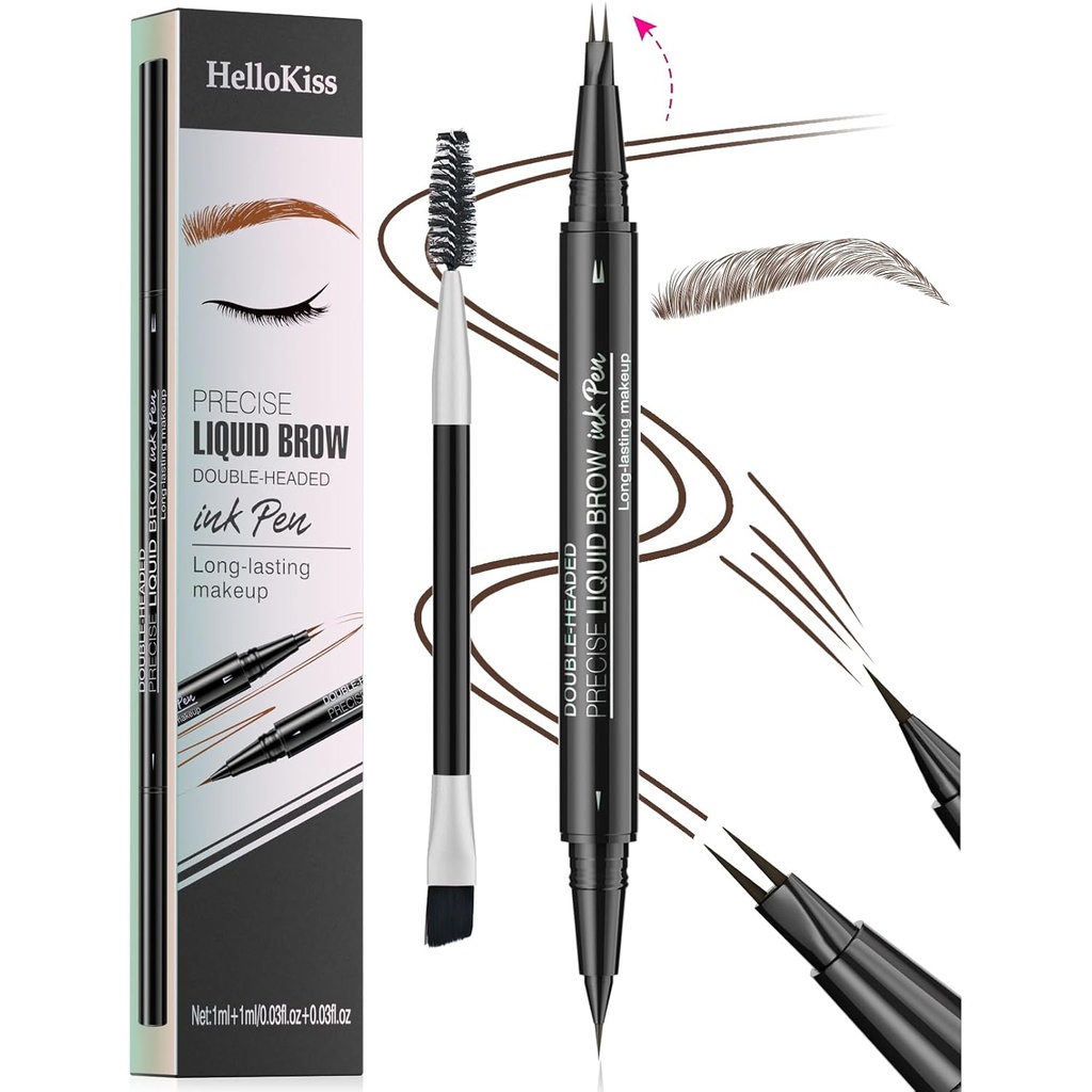 9708 2-Tip dubbele wenkbrauwpen, 2-in-1, met wenkbrauwborstel. Waterdicht en Sweat Proof,Precise Liquid Brow, 5 Shades, Long-Lasting (3# Dark Brown)