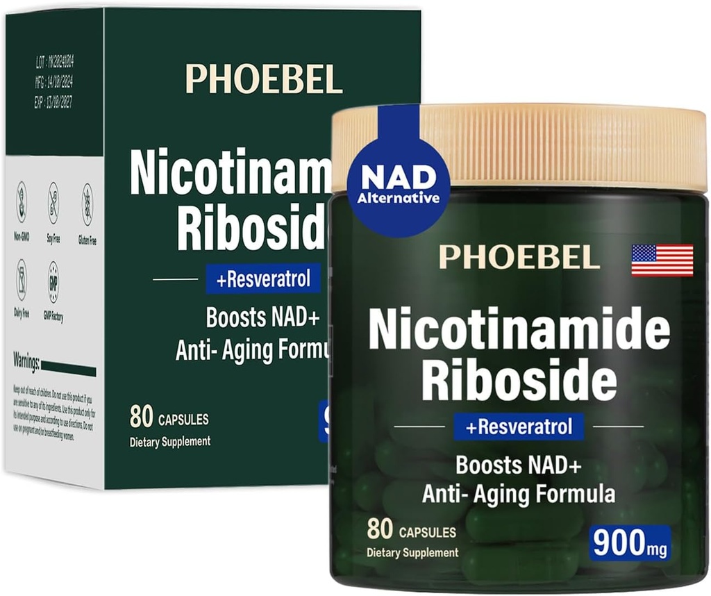 Nieuw NAD + Supplement - Resveratrol, liposomaal Nicotinamide Riboside, quercetine- Hoge zuiverheid NAD Supplement voor energie, Focus - 80 Tellen,900mg