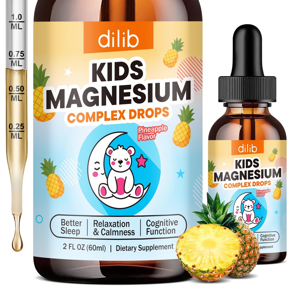 Kids Magnesium Liquid Drops - Liquid Magnesium Glycinate for Kids, Citrate Supplement with L-theanine, Omega-3, Vitamin B12, D3 for Sleep, Calm, Relaxation, Brain, Bones, Pineapple 2 Fl Oz