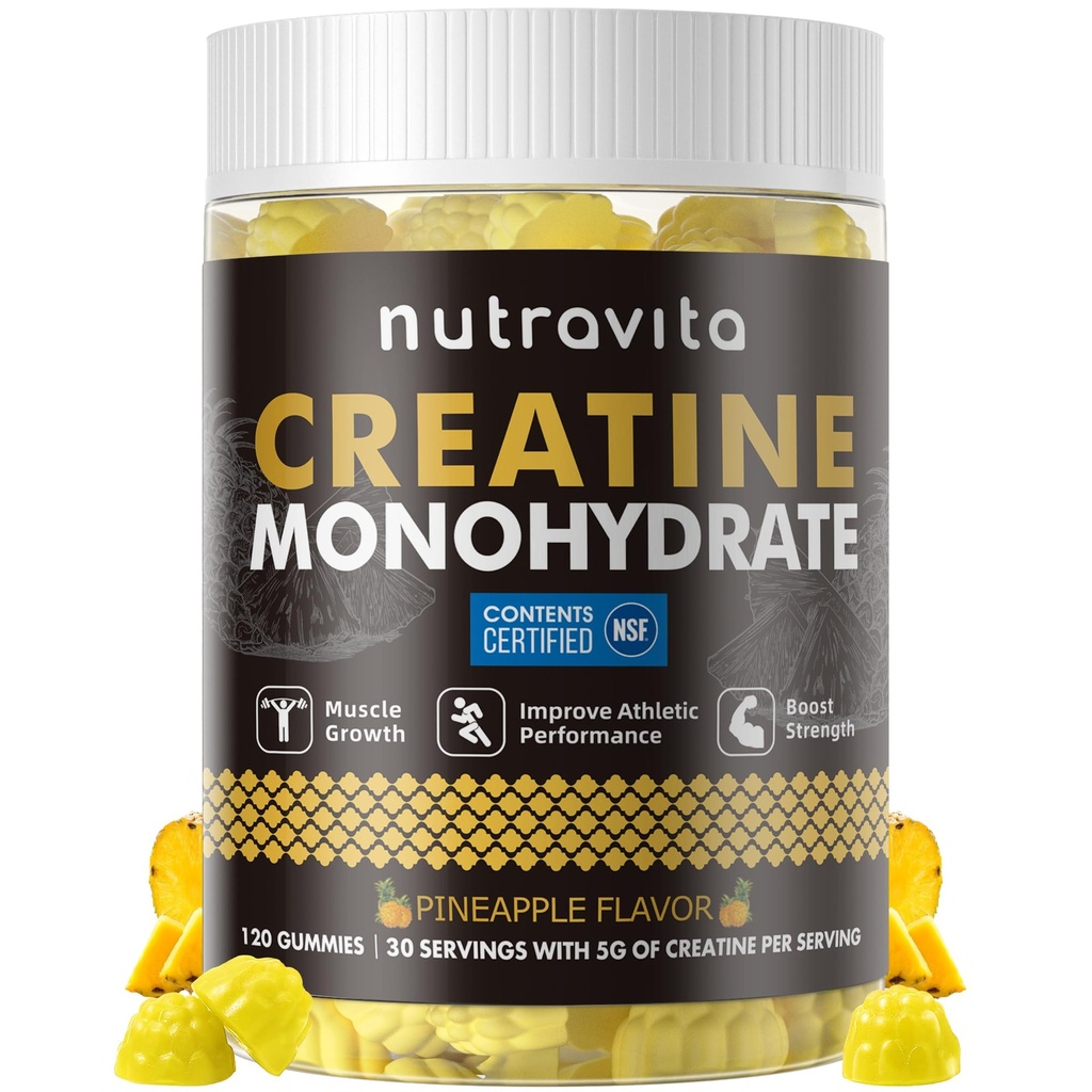 Nutravita NSF Certified Creatine Gummy - Creatine Monohydrate Gummies for Men & Women-5g of Creatine Monohydrate per Serving - Sugar Free,Vegan,Pineapple Flavor, 120 Count