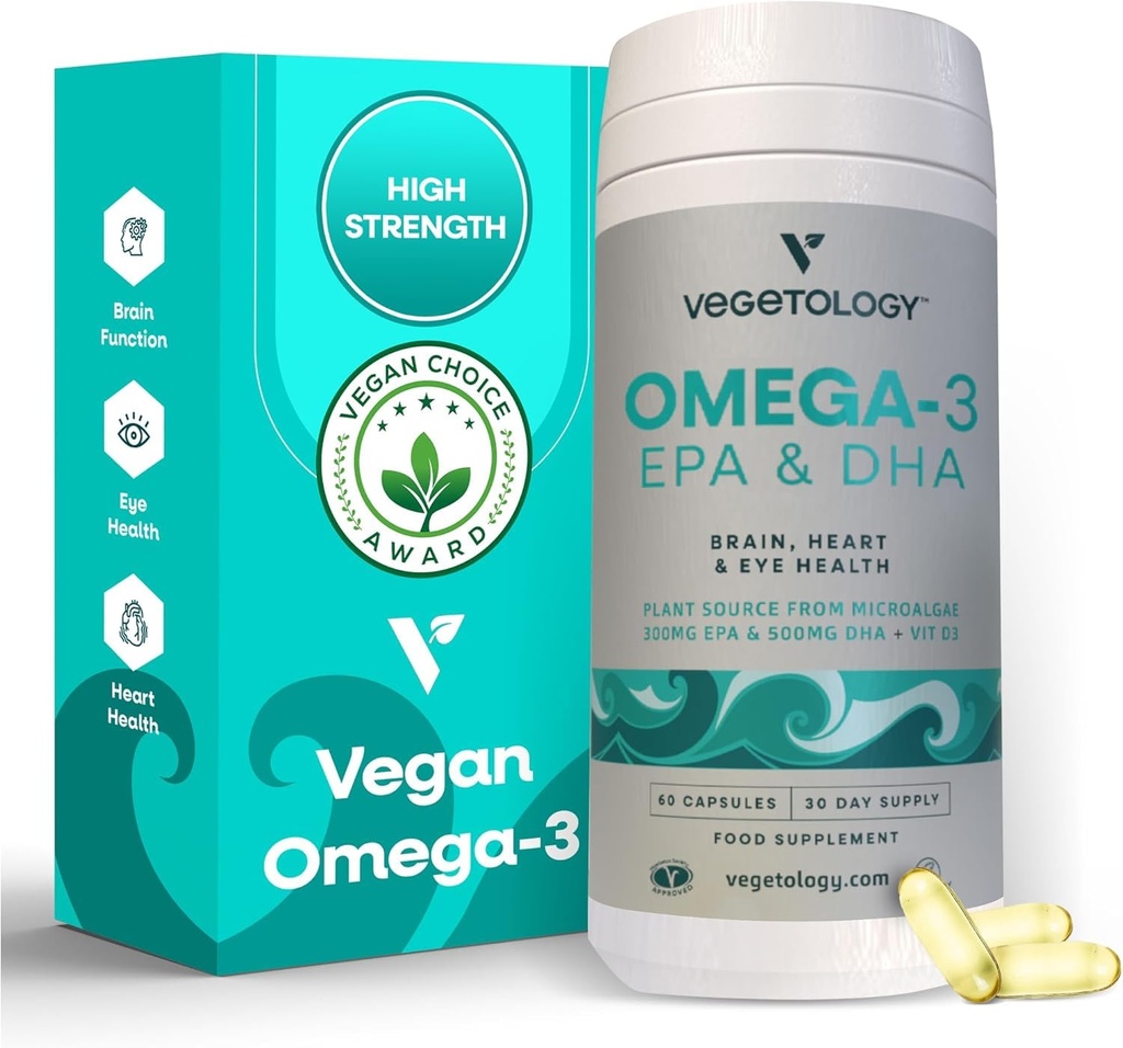 VEGETOLOGY Vegan Omega 3 Supplement (60 Capsules) – Omega-3, EPA, Vitamin D3 & DHA Supplements - Algae Omega 3 Vegan Supplements for Brain, Eye, & Heart Health – Omega 3 for Kids & Adults