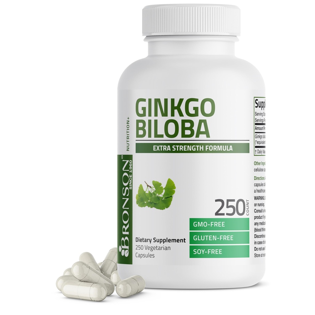 Bronson Ginkgo Biloba Extra sterkte ondersteunt hersenfunctie en geheugenondersteuning, 250 Vegetarische capsules