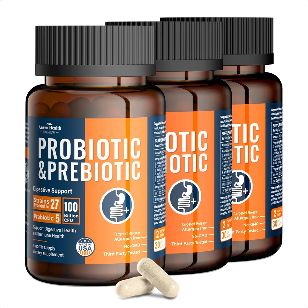 100 Miljard Probiotica voor mannen en vrouwen 27 Strains 5 Biologische Prebiotica voor Gut Digestieve & Immune Health, Ondersteunt diarree Gas Bloating, Non-GMO, Zero Fillers Made in USA