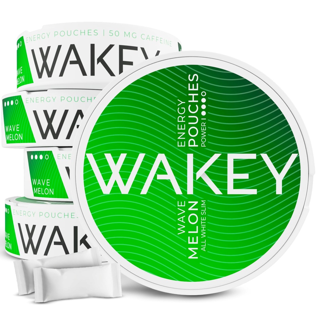 Wakey Energy Caffeine Pouches (Melon Wave) | 50mg Caffeine | Vitamin A, C, D, B12, Thiamin (Vitamin B1) | Zero Sugar - 20 Nicotine Free Pouches (5 Pack) (Melon Wave 50mg)