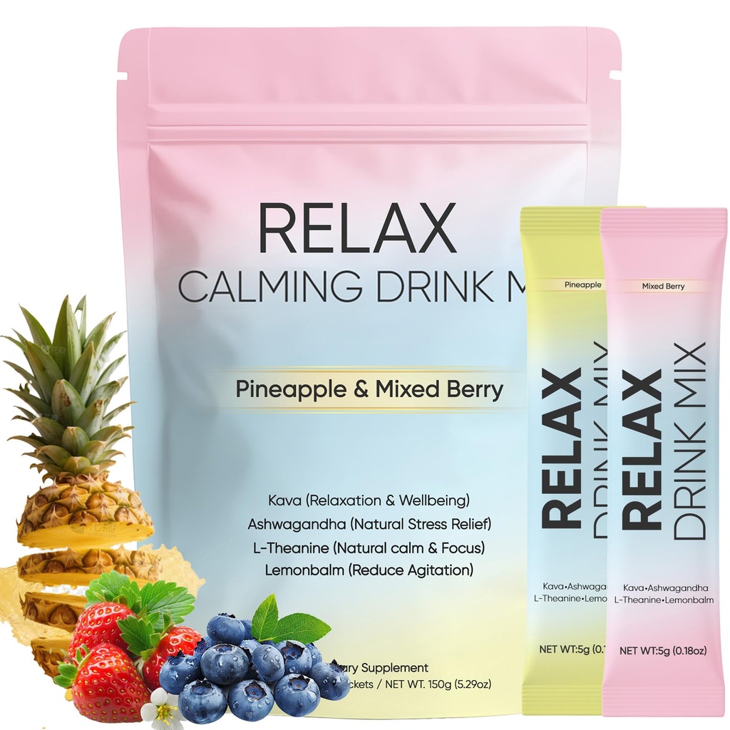 Relax Calming Drink Mix with L-Theanine, Ashwagandha & Kava, Sugar-Free Powder Packets for Evening Unwind & Daily Relaxation Routine, Non-GMO, Gluten-Free, Pineapple & Mixed Berry, 30 Packets (1)