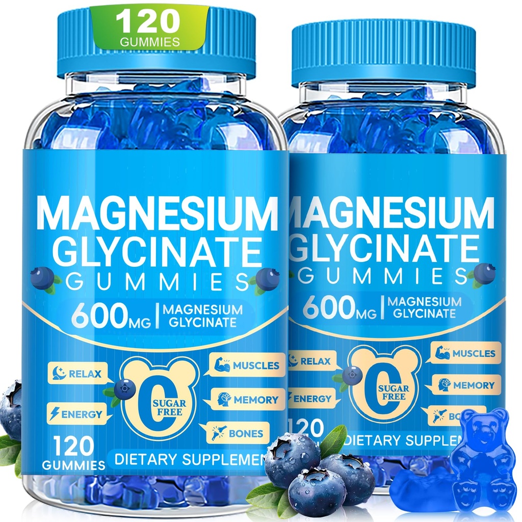Magnesium Glycinate Gummies 600mg, Chewable Sugar Free Potassium Magnesium Gummies, Vitamin D, B6, and CoQ10 for Calm Support & Sleep for Adults, 60 Days Supply, 2 Pack