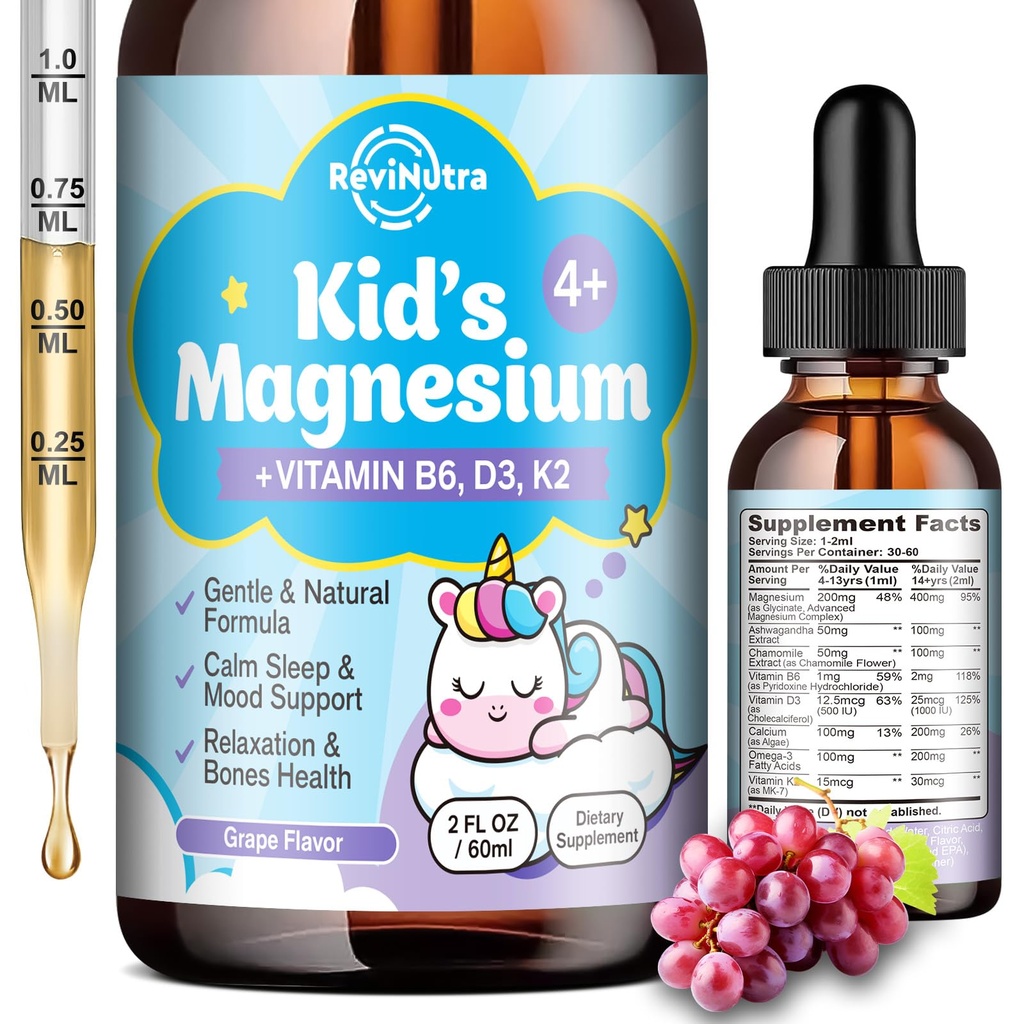 Kids Magnesium Glycinate Liquid Drops with Omega-3, Ashwagandha, Vitamin B6, D3, K2, Calcium & Chamomile - Magnesium Drops for Kids Sleep, Calm, Focus, Brain & Mood - Grape Flavor