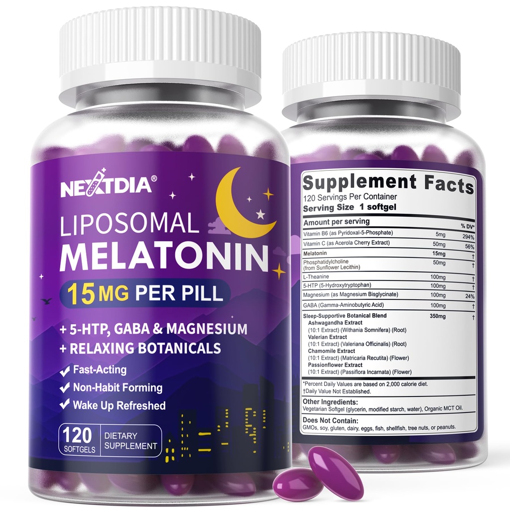 Liposomal Melatonin 30mg 15mg Extended Release Pills with Magnesium Bisglycinate, GABA, 5-HTP, Ashwagandha & L-Theanine - Sleep Aids Supplement for Adults, Melatonin Time Release Softgels - 240ct
