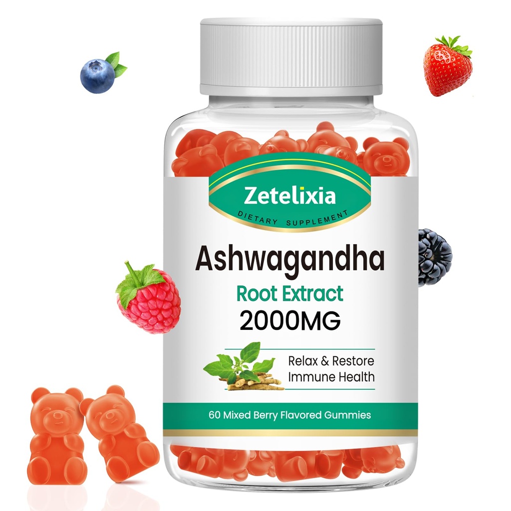 Ashwagandha Gummies, Extra sterkte vitamine D3, Biologische Ashwa wortelextract supplement voor kalme Mood Ontspanning & Immune Ondersteuning, Gemengde Berry Vegan suiker gratis Kauwen 60 Tel.