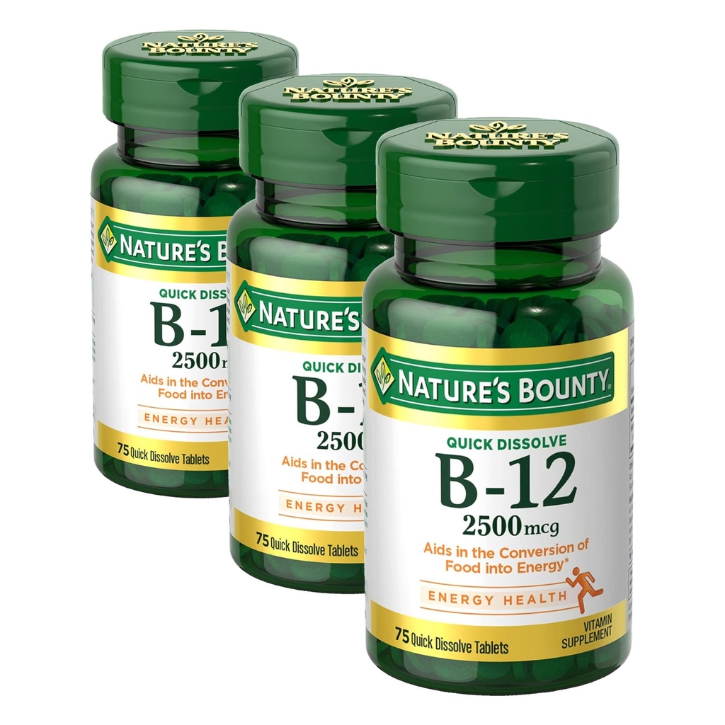 Nature's Bounty Vitamin B12 2500 mcg, Cellular Energy Support, for Energy Metabolism, Heart & Nervous System Health, 75 Quick Dissolve Tablets (Pack of 3)
