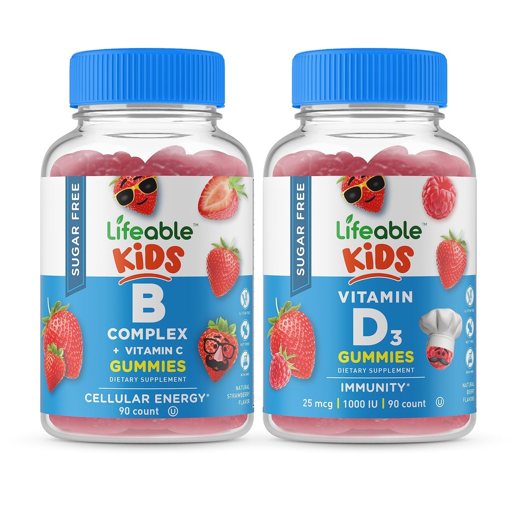 Lifeable Sugar Free B Complex Kids + Vitamin D Kids, Gummies Bundle - Great Tasting, Vitamin Supplement, Gluten Free, GMO Free, Chewable Gummy