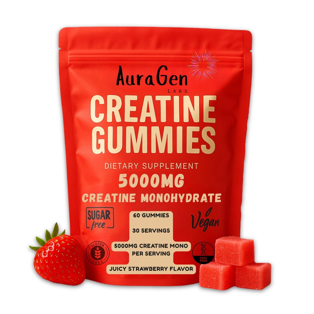 Creatine Gummies 5g (5000mg) Sugar-Free, Vegan, Creatine Supplement for Men & Women, 30-Day Supply for Muscle Strength, Recovery & Cognitive Support, Juicy Strawberry