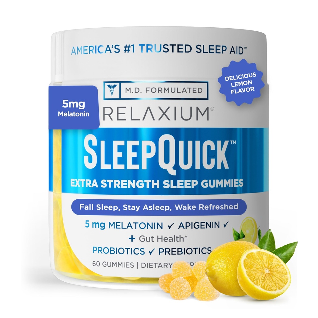 Relaxium SleepQuick Gummies - Sleep Aid + Gut Health & Immune Support, 5 mg Melatonin, Vitamin D-3 + Prebiotic & Probiotic Blend, Gluten & Drug Free, Lemon Flavor, 60 Gummies
