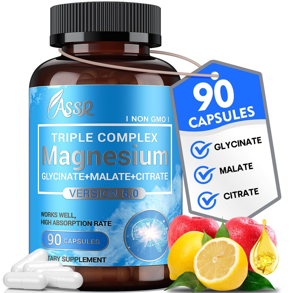 ASSR Triple Magnesium Complex - 300mg Pure Ocean Magnesium Glycinate & Magnesium Malate & Magnesium Citrate for Sleep, Energy, and Relaxation Support, High Absorption, Vegan, Non-GMO, 90 Capsules