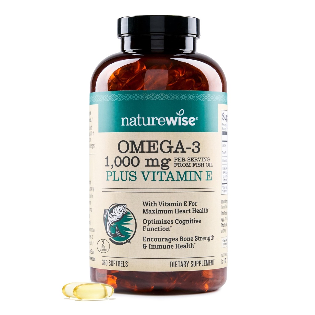 NatureWise Extra-sterke Omega 3 Visoliesupplement - 1000mg per portie - 600 EPA & 400 DHA en vitamine E - Ondersteuning voor hart- en hersenengezondheid - Citroensmaak, GGO-vrij - 360 Softgels[6-maandvoorraad]