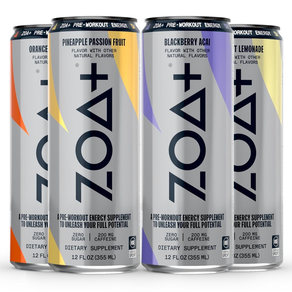 ZOA+ Pre-Workout Energy Drink, Variety Bundle - NSF gecertificeerd voor Sport met Zero Sugar, Nitric Oxid Support, B & D Vitaminen, Aminozuren en Elektrolyten - 48 pack