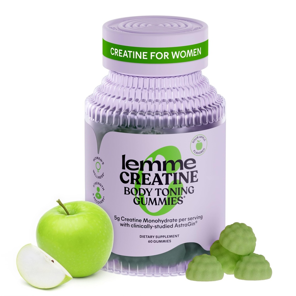 Lemme Creatine Monohydrate Gummies for Women and Men, 5g Dose to Support Lean Muscle, Strength, Recovery, Cognitive Health, w/Ginseng for Absorption, Sour Apple, NSF Certified, 60 Gummies