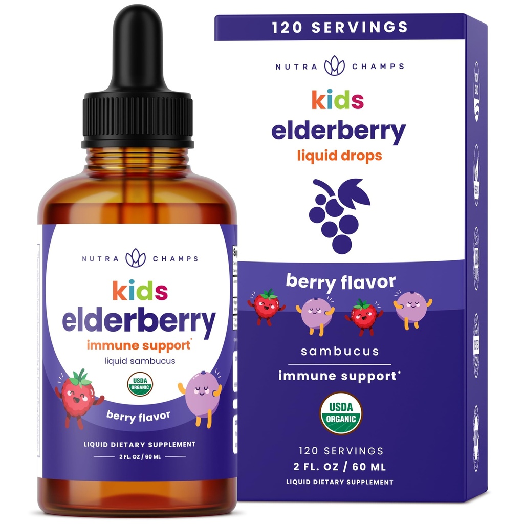 NutraChamps zwarte vlierbessen voor kinderen vloeibare druppels, 10:1 Extract Sambucus vlierbessen siroop voor kinderen, suikervrije Europese vlierbessen druppels Berry smaak, Immune Ondersteuning, 4 maanden levering
