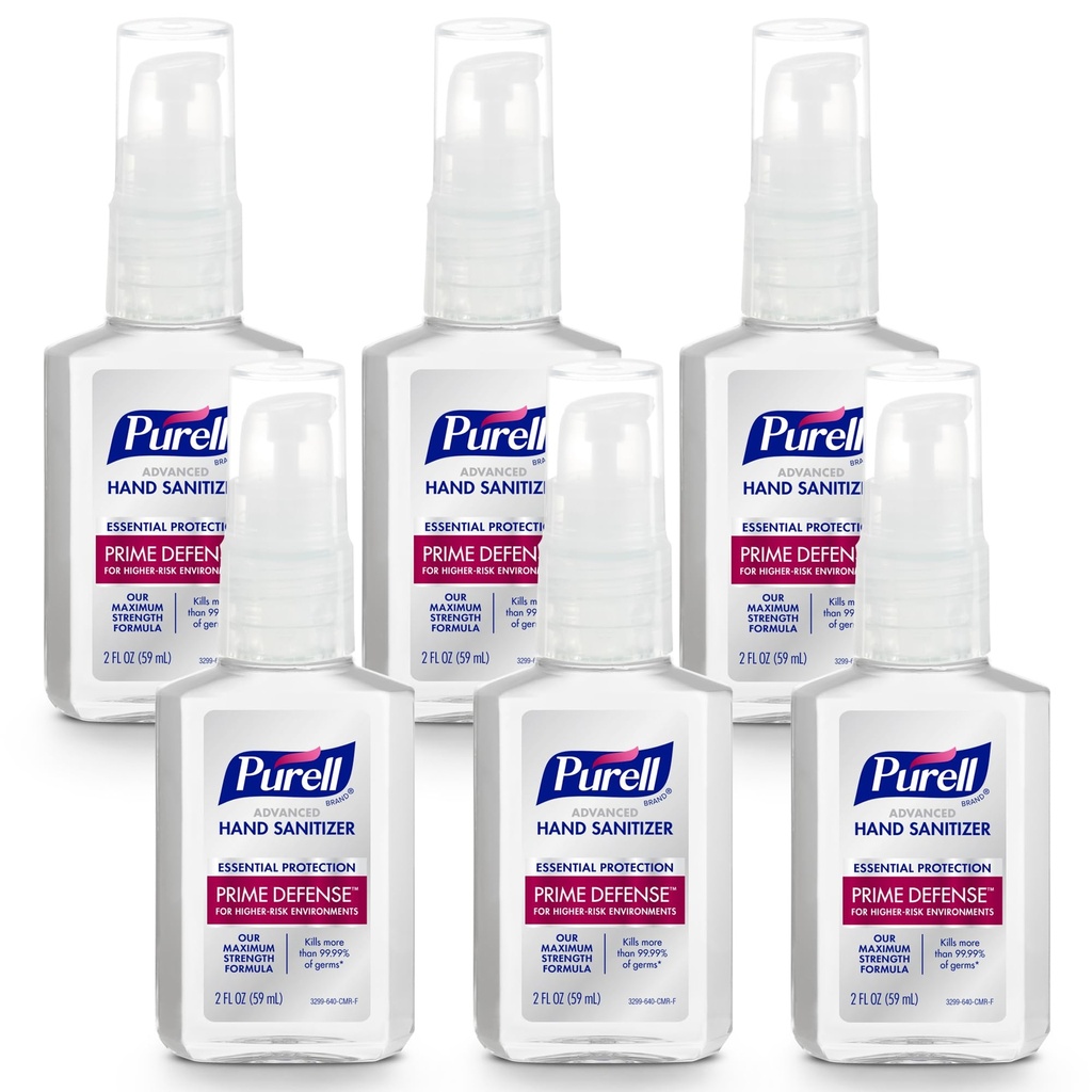 Purell Prime Defense Advanced Hand Sanitizer, Fragrance Free, Our Maximum Strength Formula, 2 fl oz Travel-Size Pump Bottles (Pack of 6) - 3299-04-EC